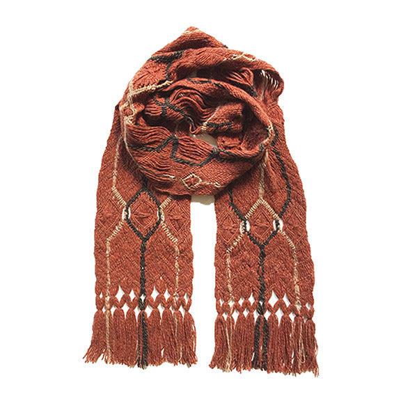 BEATRIX ARTISANS-MADE PURE CASHMERE MACRAME&#39; SCARF IN RUST COCOA BEIGE