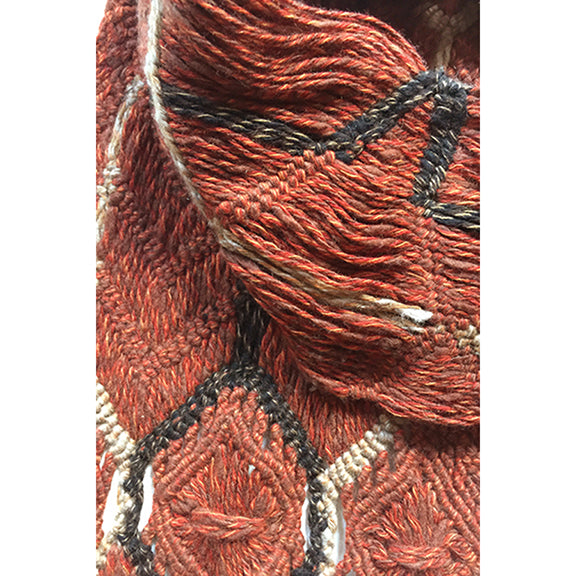 BEATRIX ARTISANS-MADE PURE CASHMERE MACRAME&#39; SCARF IN RUST COCOA BEIGE